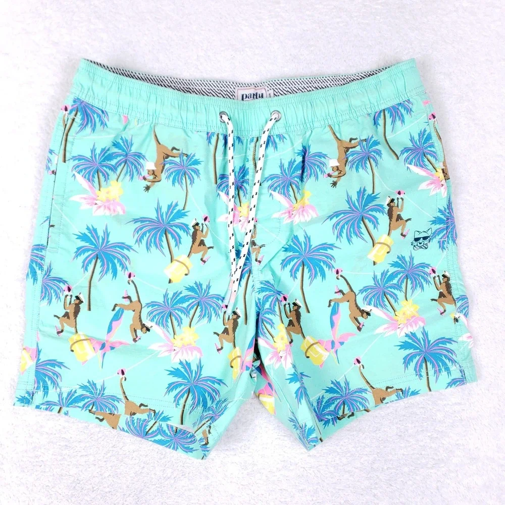 Party Pants Swim Trunks Mens M Aqua Tropical Monkey Palm Tree Beach Party Shorts - Picture 1 of 16